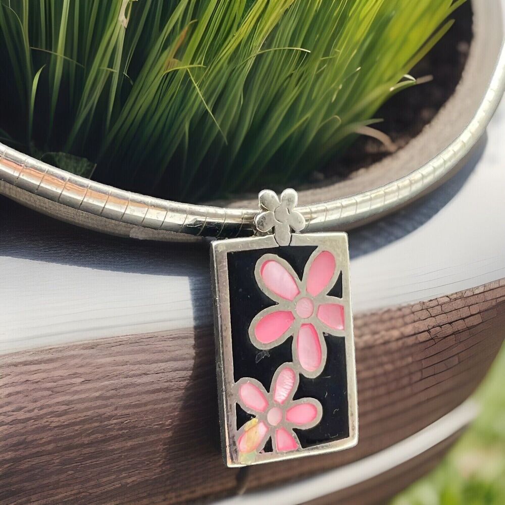 Sterling Silver Shell Inlay Pink Daisy Flower Pendant Black Enamel w Omega Chain